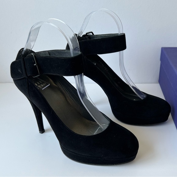Stuart Weitzman Suede Black Platform Heels with Ankle Strap, Size 7 - Picture 1 of 9